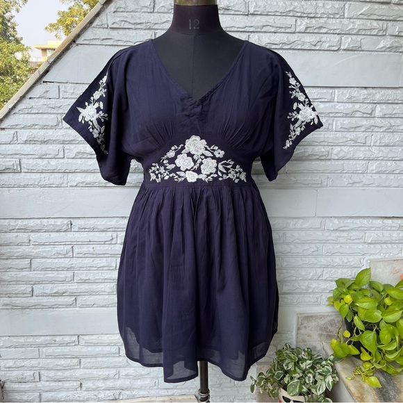 Ajio Dresses & Skirts - SOLD ❌ Navy Blue Dress with White Embroidery